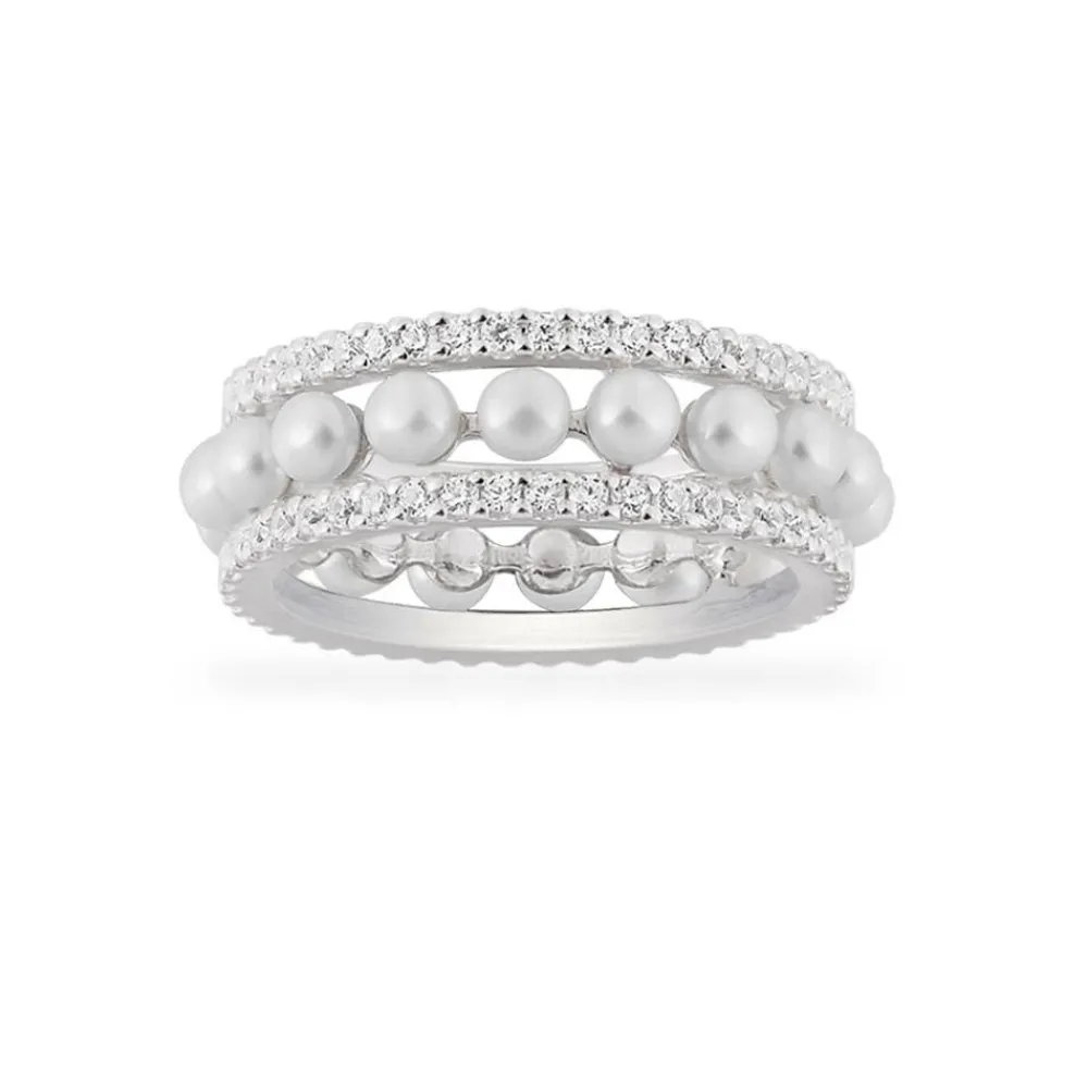 APM Monaco Bague Anneaux Sertis Sur 2 Lignes Avec Perles - Argent^ Bagues