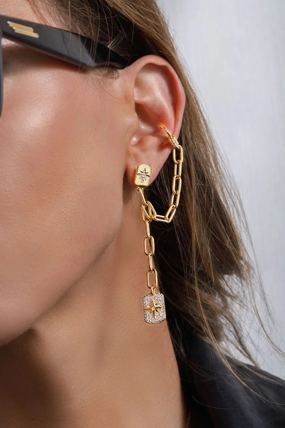 APM Monaco Boucle D'Oreille Individuelle Chaine Avec Medailles Meteorites Et Ear Cuff - Argent Jaune^ Boucles D'Oreilles