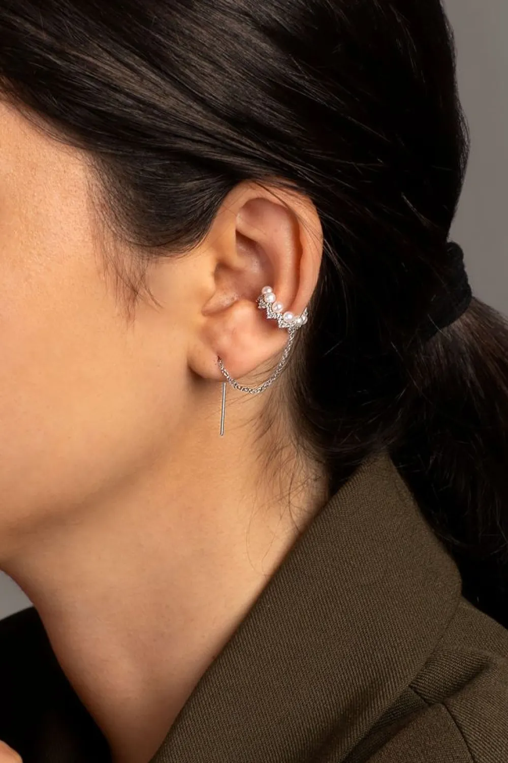 APM Monaco Boucles D'Oreilles Ear Cuff Up And Down Avec Perles Et Chaines - Argent^ Boucles D'Oreilles