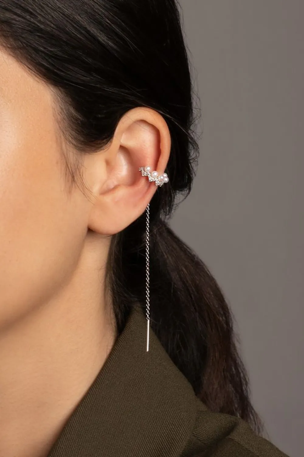 APM Monaco Boucles D'Oreilles Ear Cuff Up And Down Avec Perles Et Chaines - Argent^ Boucles D'Oreilles