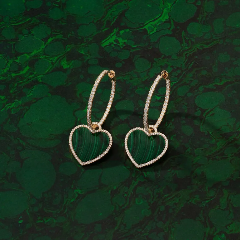 APM Monaco Creoles Pave Avec Coeur Malachite^ Boucles D'Oreilles